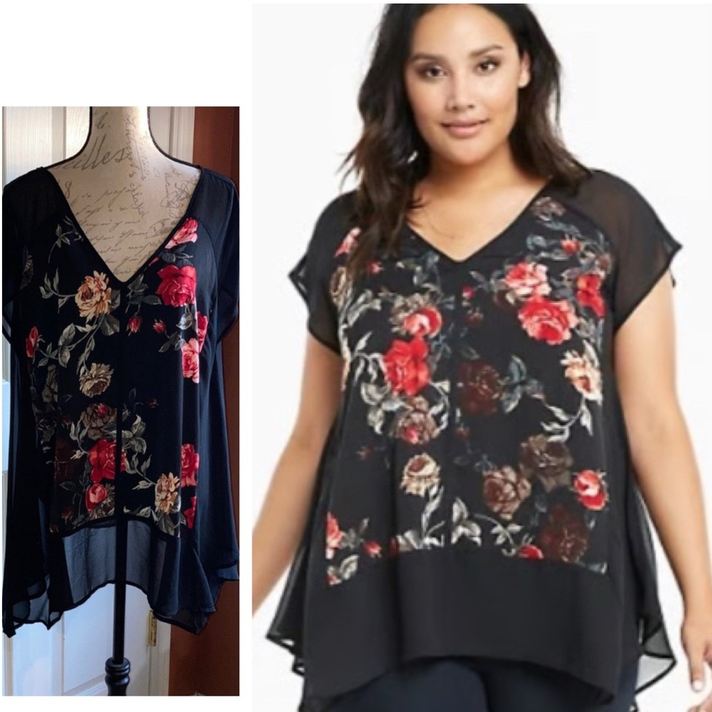 Torrid Sheer Dark Floral Short Sleeve Chiffon Blouse Top Sz 1 / 1X